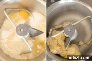 Dough ingredients in a mixer with an egg and dry ingredients visible before mixing.