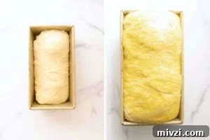 Process of shaping the dough, with one photo showing a flat rectangle and the other a rolled loaf.