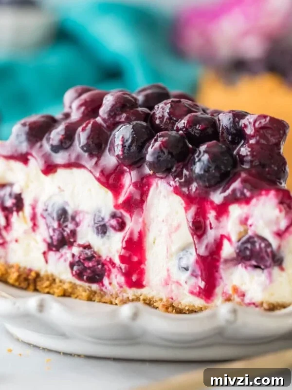 slice of blueberry cheesecake topped with blueberry topping