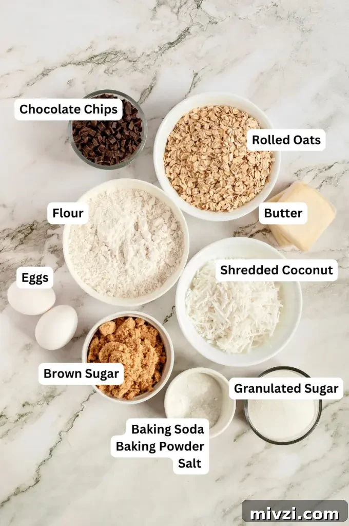 Chewy Oatmeal Coconut Chocolate Chip Cookies Recipe 3 Soft and chewy oatmeal coconut chocolate chip cookies with white shredded coconut and dark brown chocolate chips.