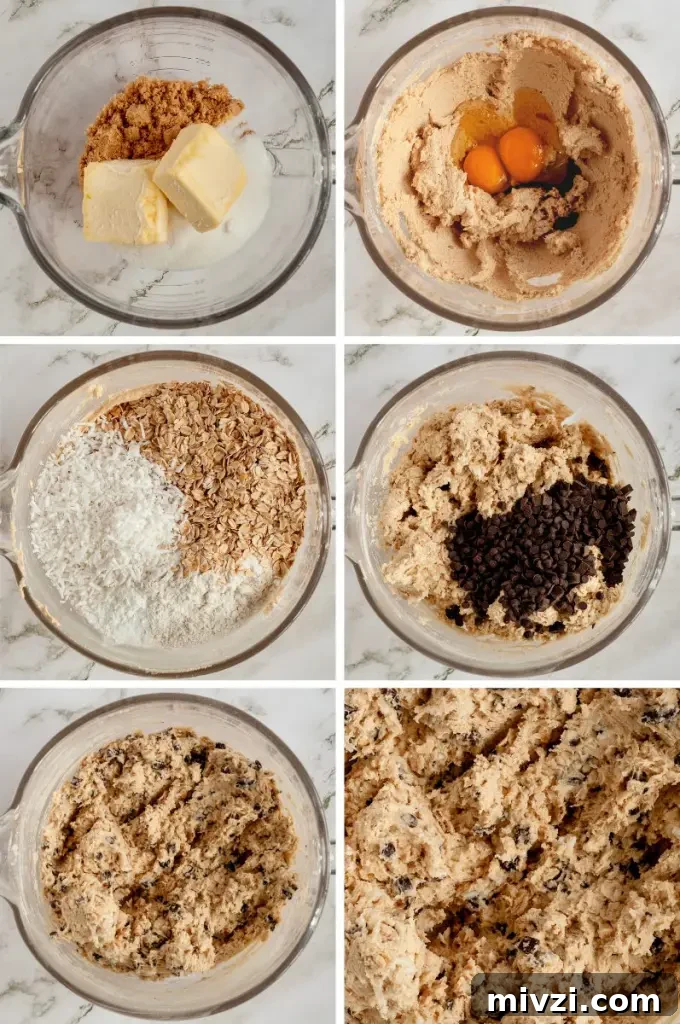 Chewy Oatmeal Coconut Chocolate Chip Cookies Recipe 4 Soft and chewy oatmeal coconut chocolate chip cookies with white shredded coconut and dark brown chocolate chips.