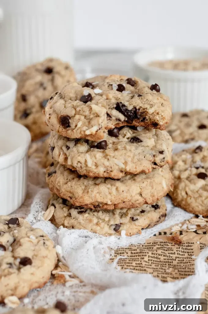 Chewy Oatmeal Coconut Chocolate Chip Cookies Recipe 5 Soft and chewy oatmeal coconut chocolate chip cookies with white shredded coconut and dark brown chocolate chips.