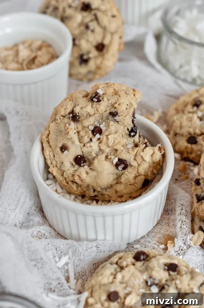 Chewy Oatmeal Coconut Chocolate Chip Cookies Recipe 7 Soft and chewy oatmeal coconut chocolate chip cookies with white shredded coconut and dark brown chocolate chips.