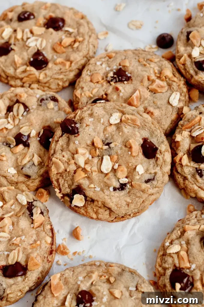 Chewy Oatmeal Coconut Chocolate Chip Cookies Recipe 8 Light golden brown peanut butter oatmeal chocolate chip cookies topped with dark chocolate chips, peanuts, coarse sea salt, and rolled oats.