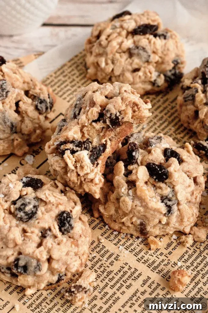 Chewy Oatmeal Coconut Chocolate Chip Cookies Recipe 10 Golden brown oatmeal raisin cookies full of dark brown raisins and whole grain rolled oats.