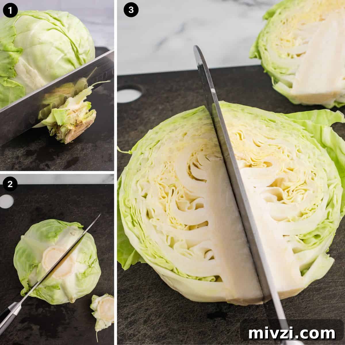 Crispy Roasted Cabbage Wedges with Garlic and Parmesan 5 Three-step photo collage demonstrating how to slice cabbage into wedges: removing the rough stem, cutting the cabbage in half through the stem, then slicing in half again.