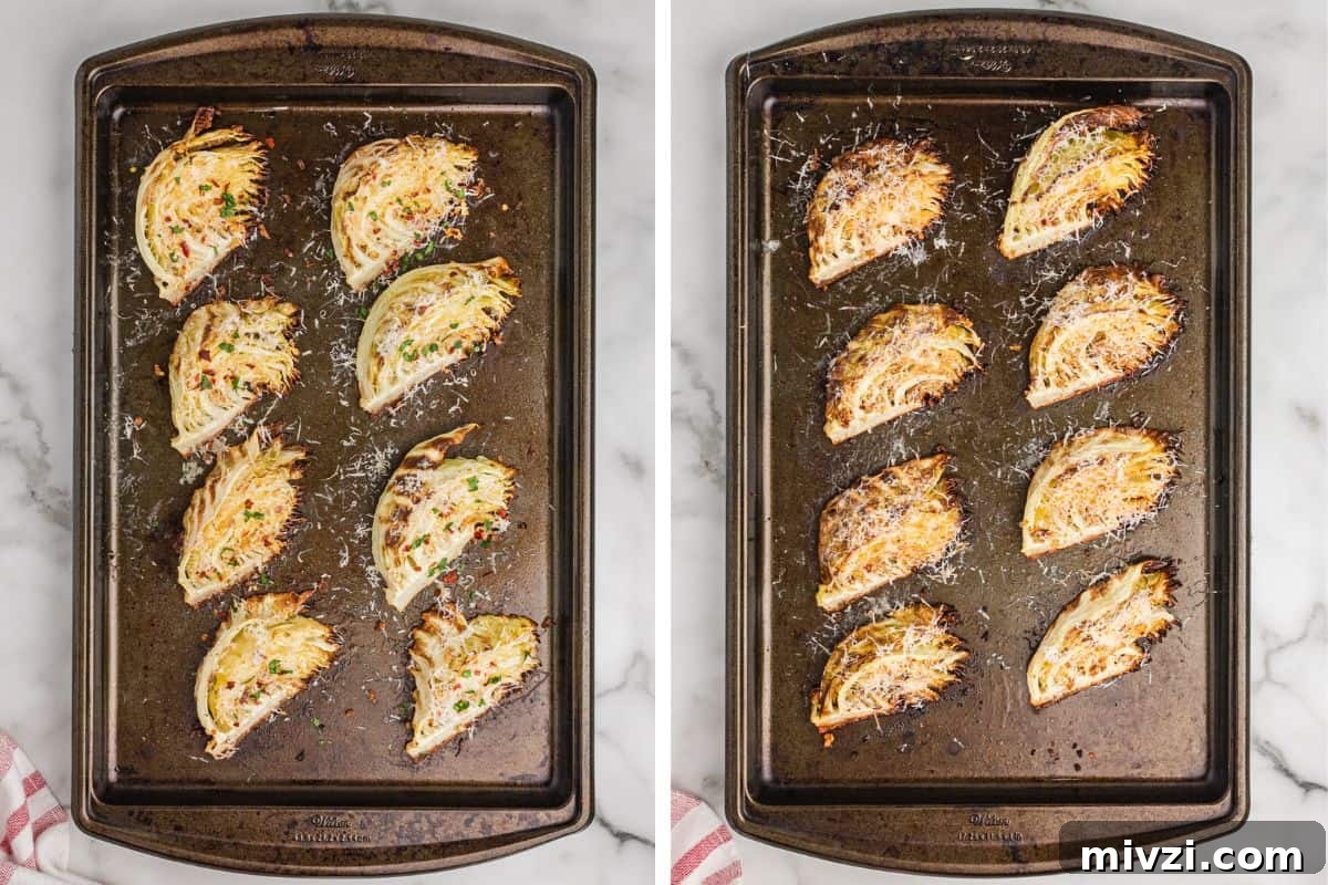 Crispy Roasted Cabbage Wedges with Garlic and Parmesan 7 Side-by-side images of cabbage wedges on a baking sheet after roasting and being topped with parmesan cheese, and after returning to the oven for the cheese to melt and edges turn golden-brown.