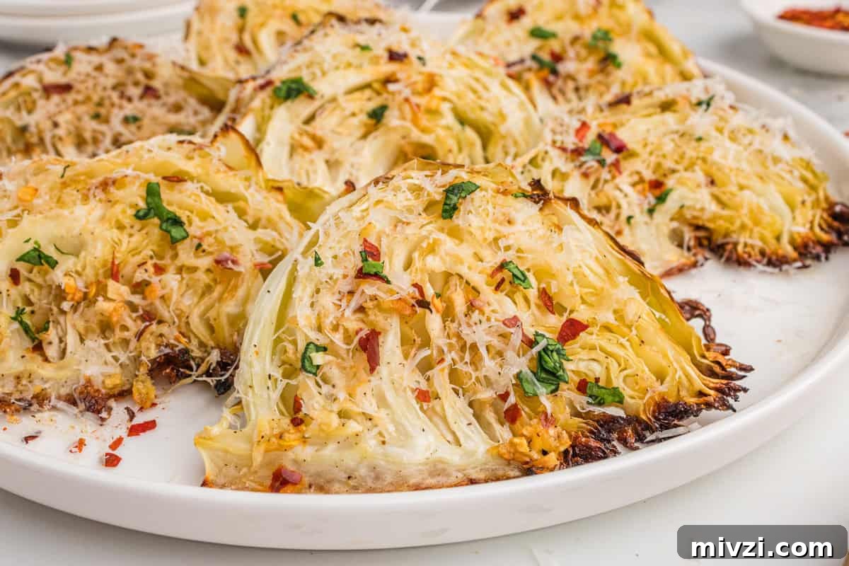 Crispy Roasted Cabbage Wedges with Garlic and Parmesan 10 Close-up of roasted garlic parmesan cabbage wedges on a white plate, topped with shredded parmesan, parsley, and red pepper flakes.