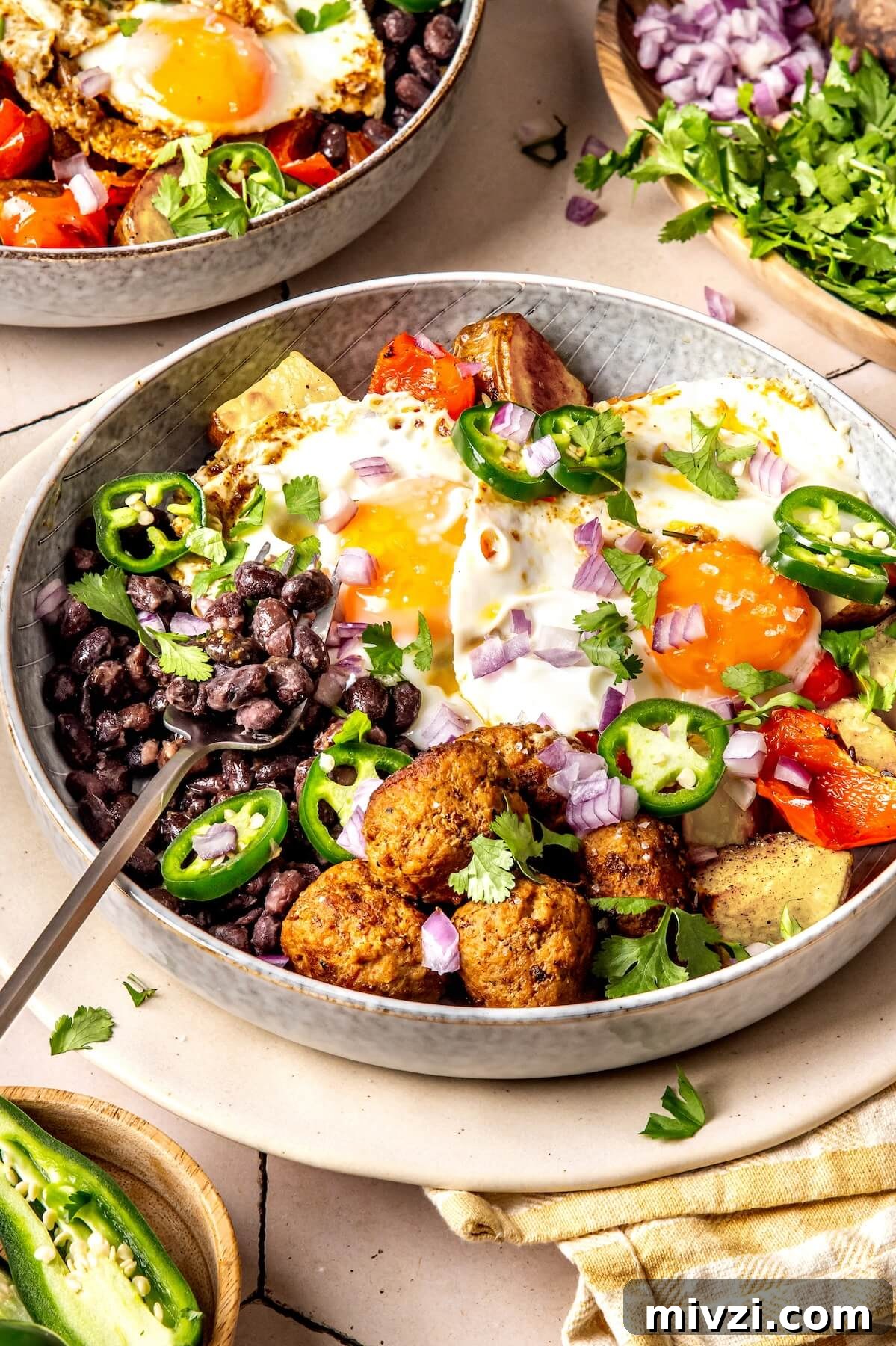 Breakfast Burrito Bowls with Chorizo, Eggs, and Veggies GF DF - Olivia Adriance