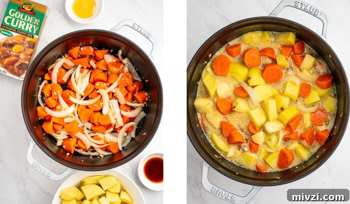 Authentic Japanese Chicken Curry Recipe for Rich, Comforting Flavor 5 Process shots of sautéing vegetables and adding chicken broth.