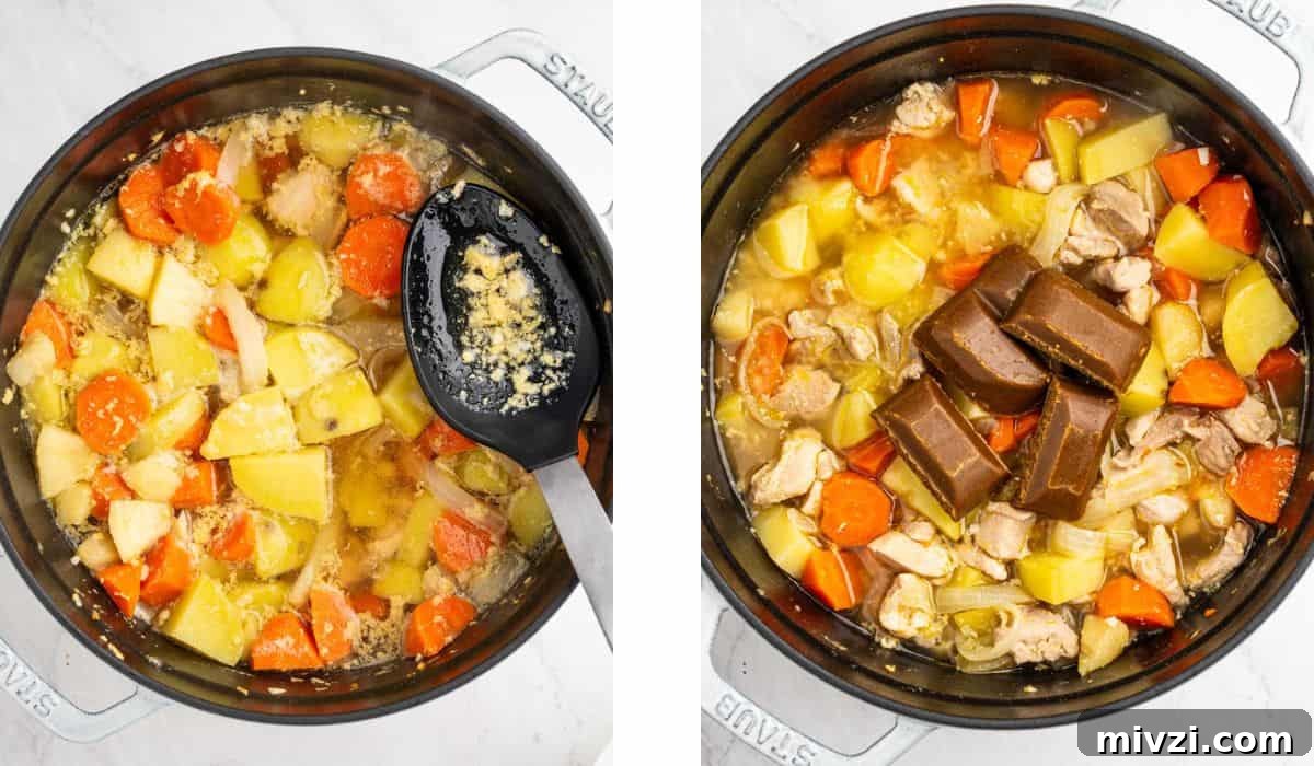 Authentic Japanese Chicken Curry Recipe for Rich, Comforting Flavor 6 Process shot of skimming fat and impurities and adding curry roux cubes.