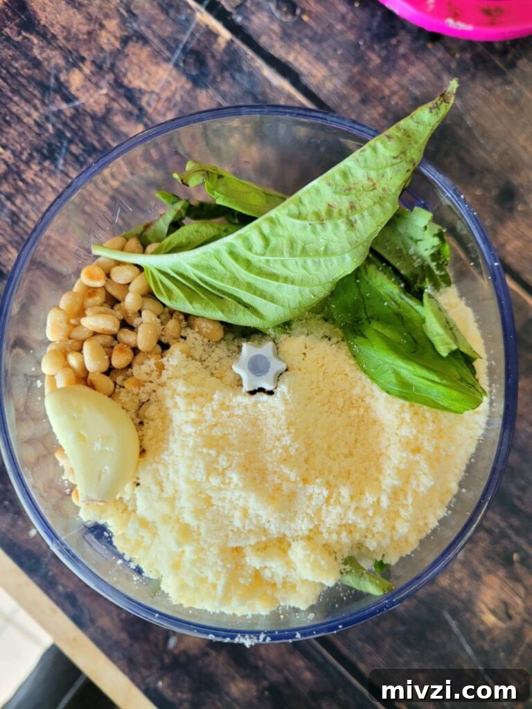Summer Tomato and Corn Pasta Salad Recipe 6 homemade basil pesto in a mini food processor