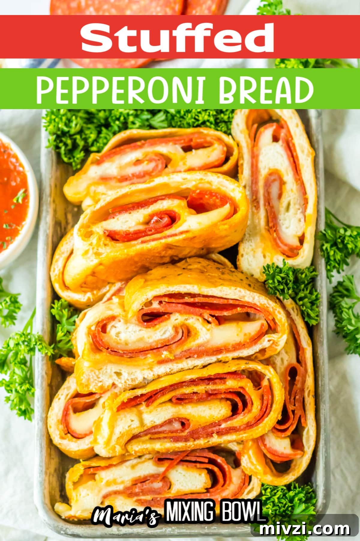 Pepperoni-Stuffed Bread: Cheesy, Savory Pull-Apart Loaf 10 slices of stuffed pepperoni bread on a metal serving tray.