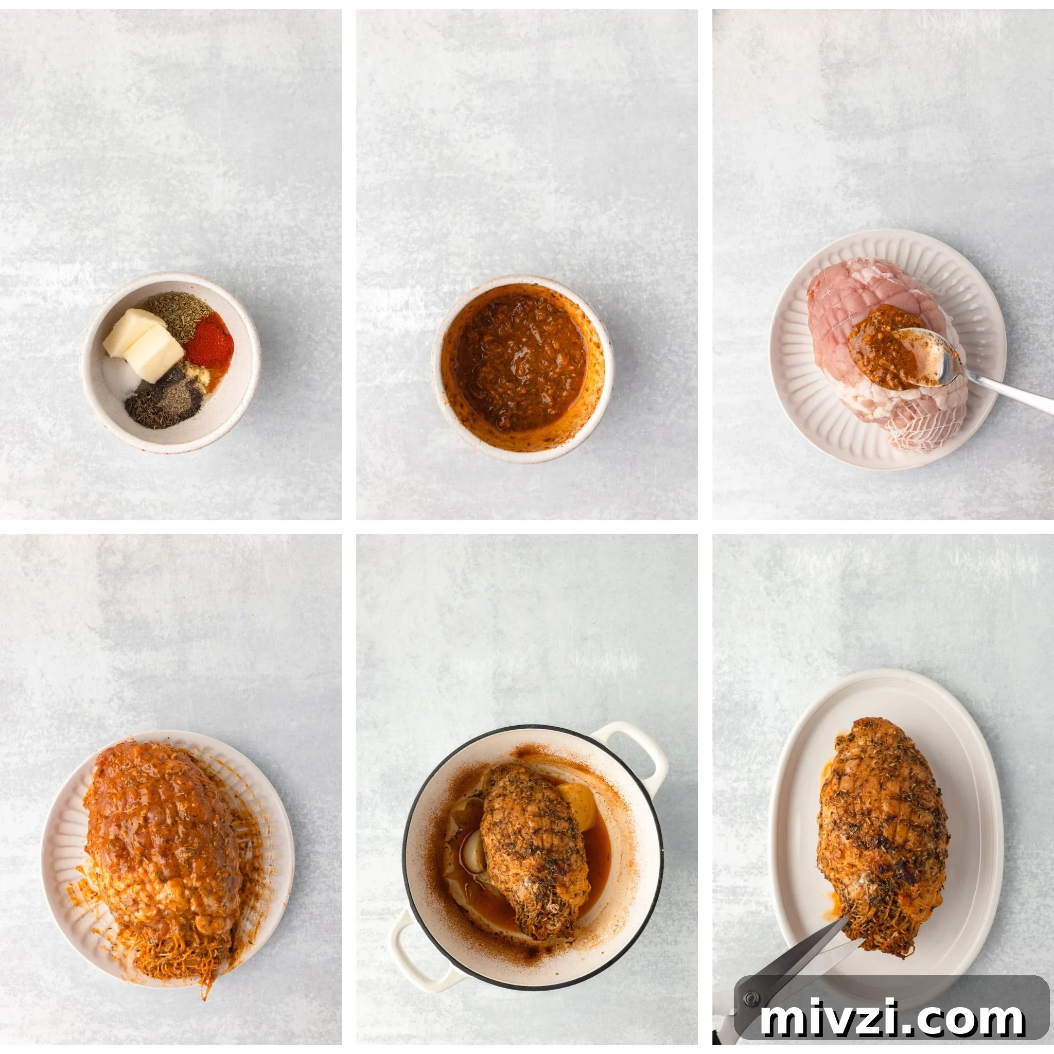 Seasoning spices and herbs for cooking, flavorful chili sauce, seasoned raw chicken, cooked ground beef, baked meatloaf on plate.