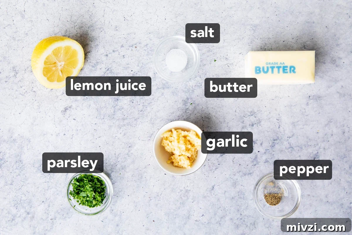 Ingredients for this garlic butter sauce for pasta including butter, minced garlic, salt and pepper, parsley, and fresh lemon
