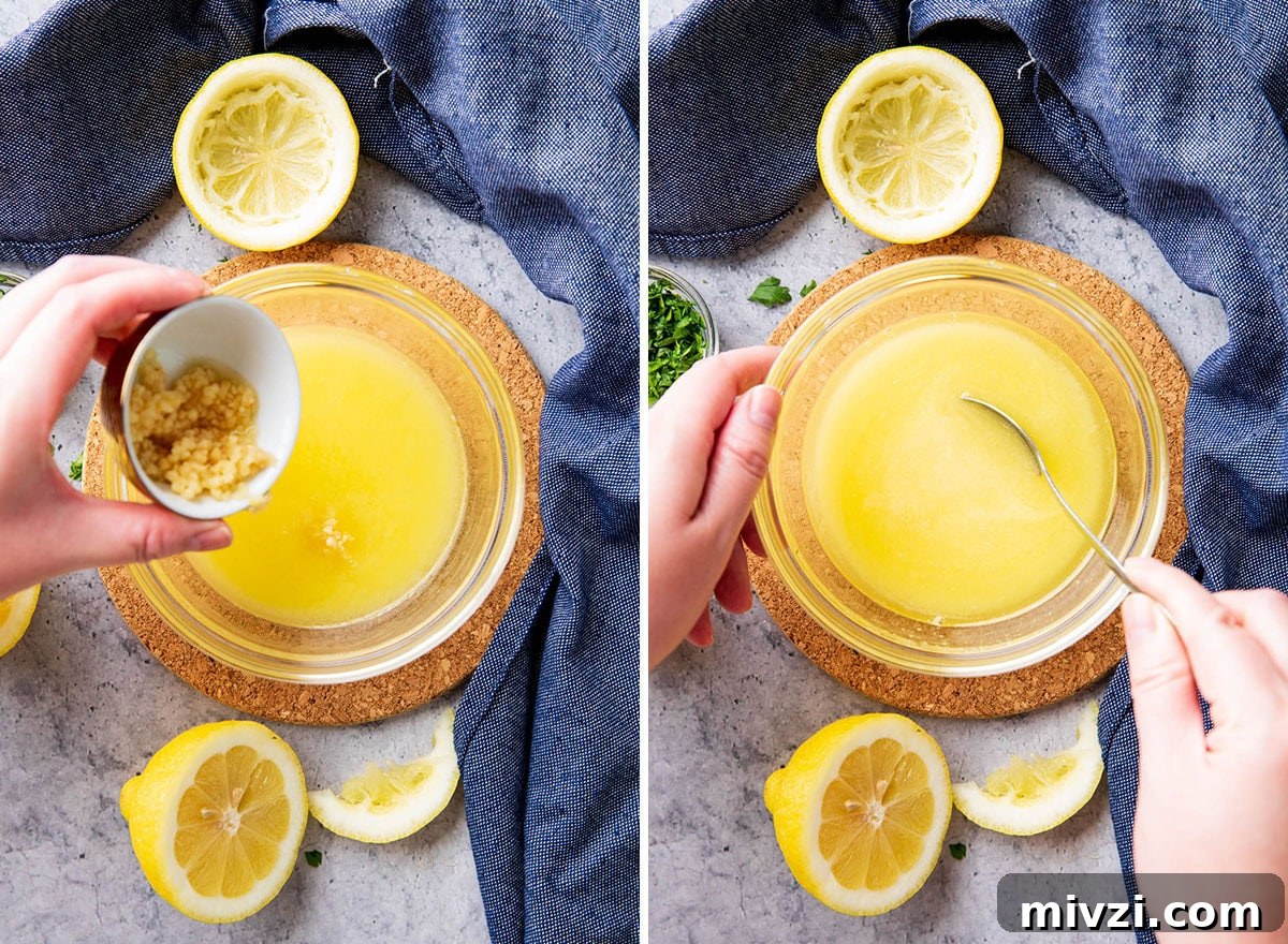 Two photos showing how to make garlic butter sauce - adding minced garlic, seasoning and herbs, and stirring into melted butter