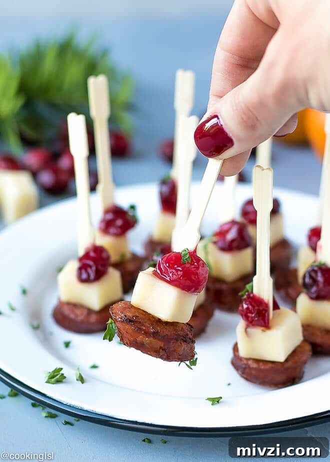 Cold and Room-Temperature Appetizers: 30 Make-Ahead Ideas 20 sausage cheese and cranberry skewers on a plate.