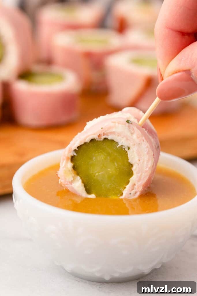 Cold and Room-Temperature Appetizers: 30 Make-Ahead Ideas 22 Picke and ham roll ups on a skewer.