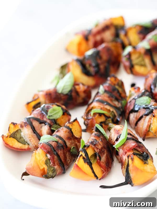 Cold and Room-Temperature Appetizers: 30 Make-Ahead Ideas 31 peach slices wrapped in bacon drizzled with balsamic vinegar.