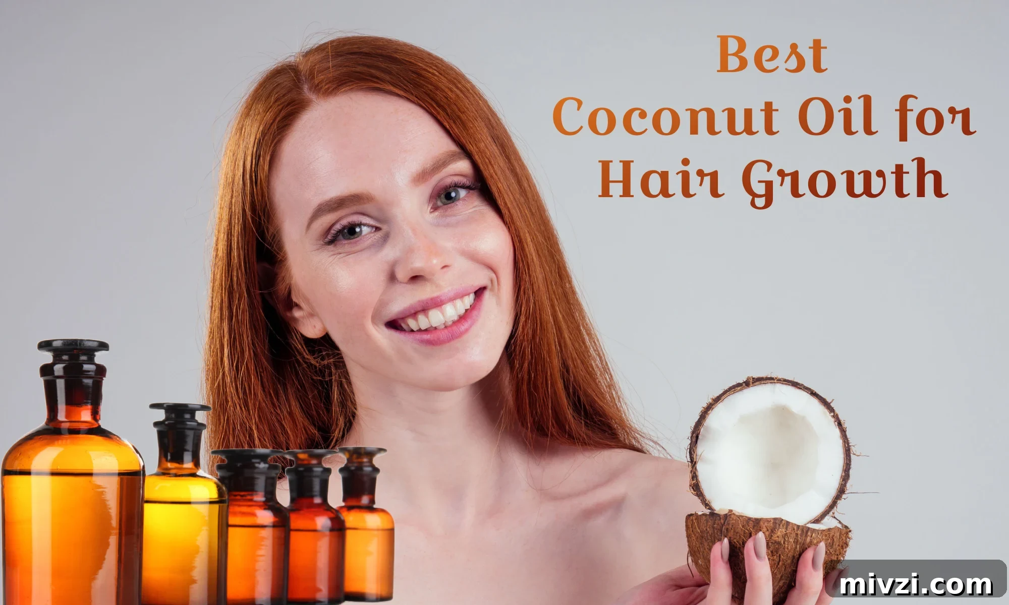 Top Coconut Oils That Promote Hair Growth 2 A woman with long hair grabbing a coconut shell and a selection of various hair oils. The text reads, 'Best Coconut Oil for Hair Growth.'