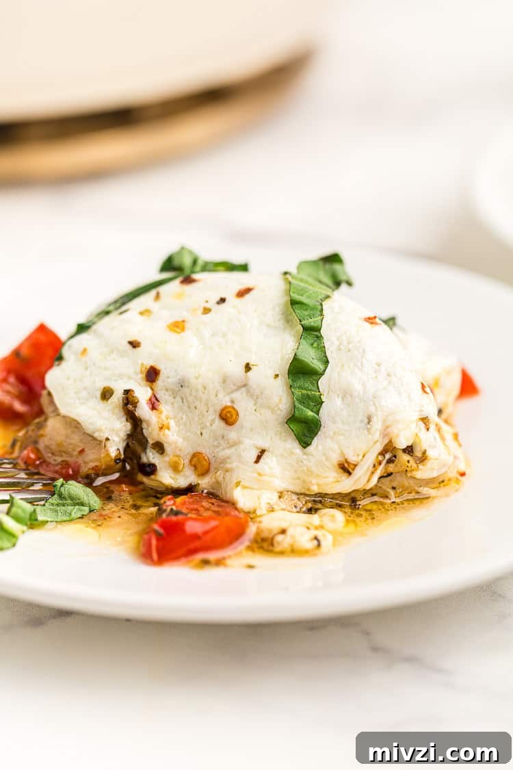 side view of a cooked chicken thigh covered in fresh mozzarella and basil