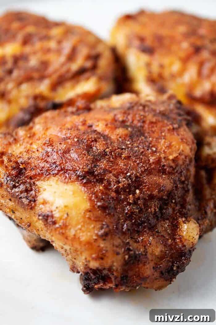 sideview of 3 pieces of air fryer chicken thighs cripsy and ready to serve on a white marble surface