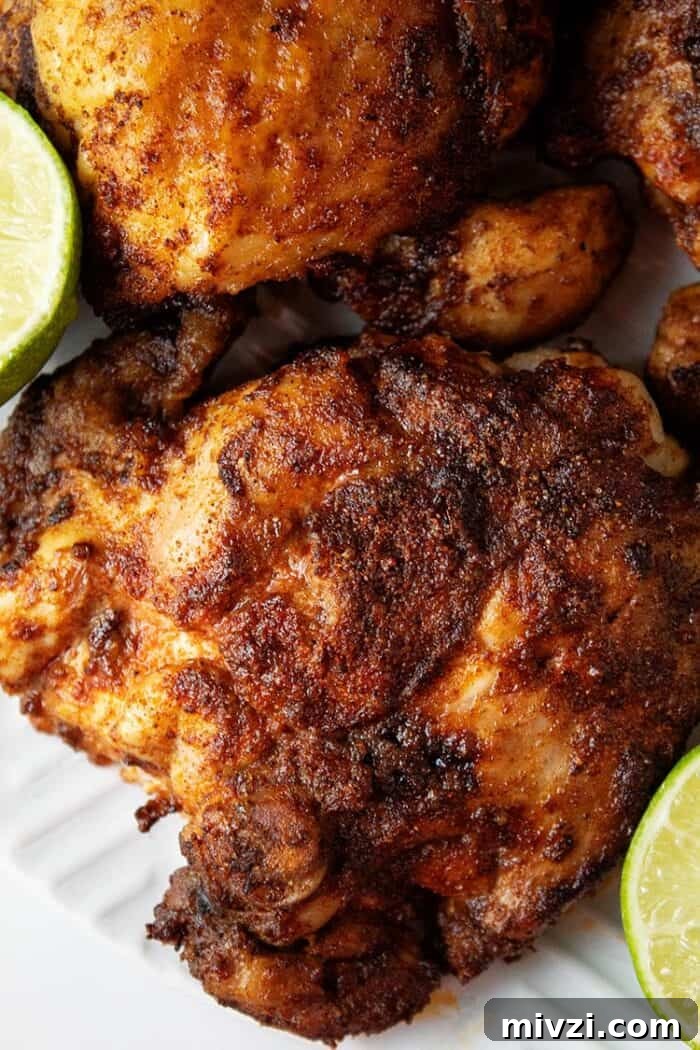 overhead view of crispy chili lime chicken with a lime halve served on a white plate